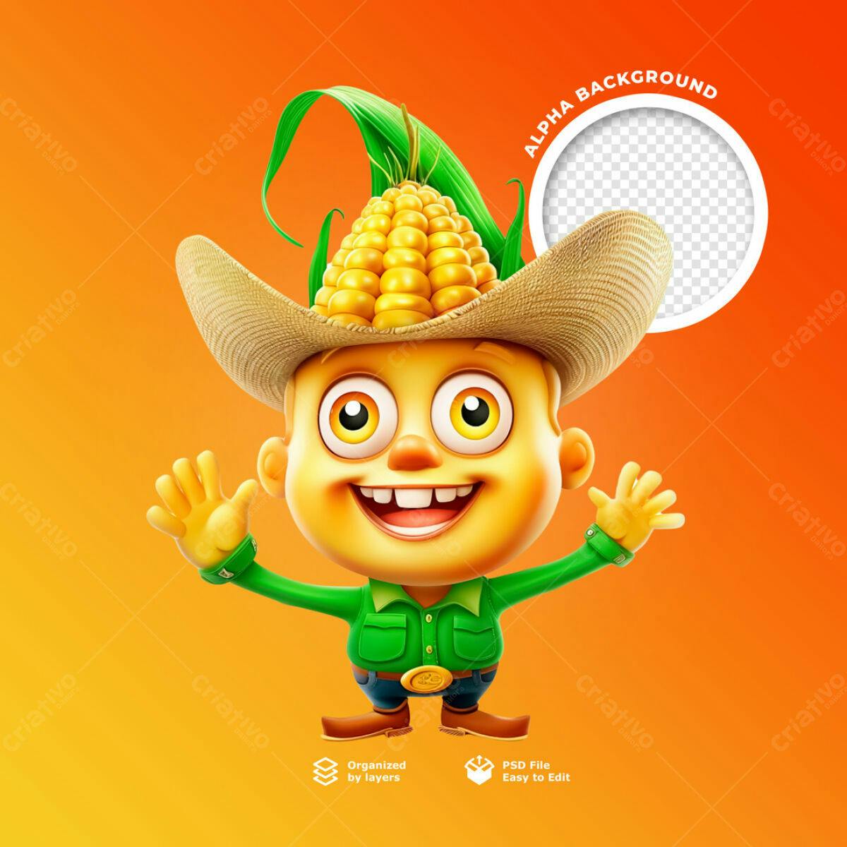 Personagem Cartoon Festa do Milho PSD Editável