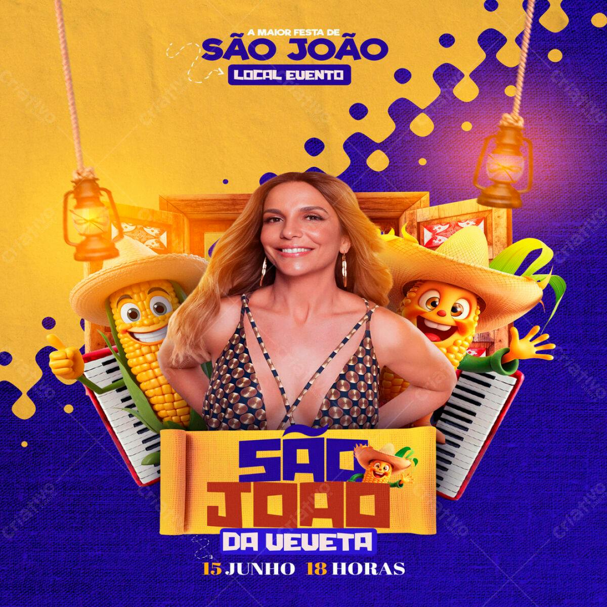 Flyer Festa Junina com Personagem de Milho PSD Editável