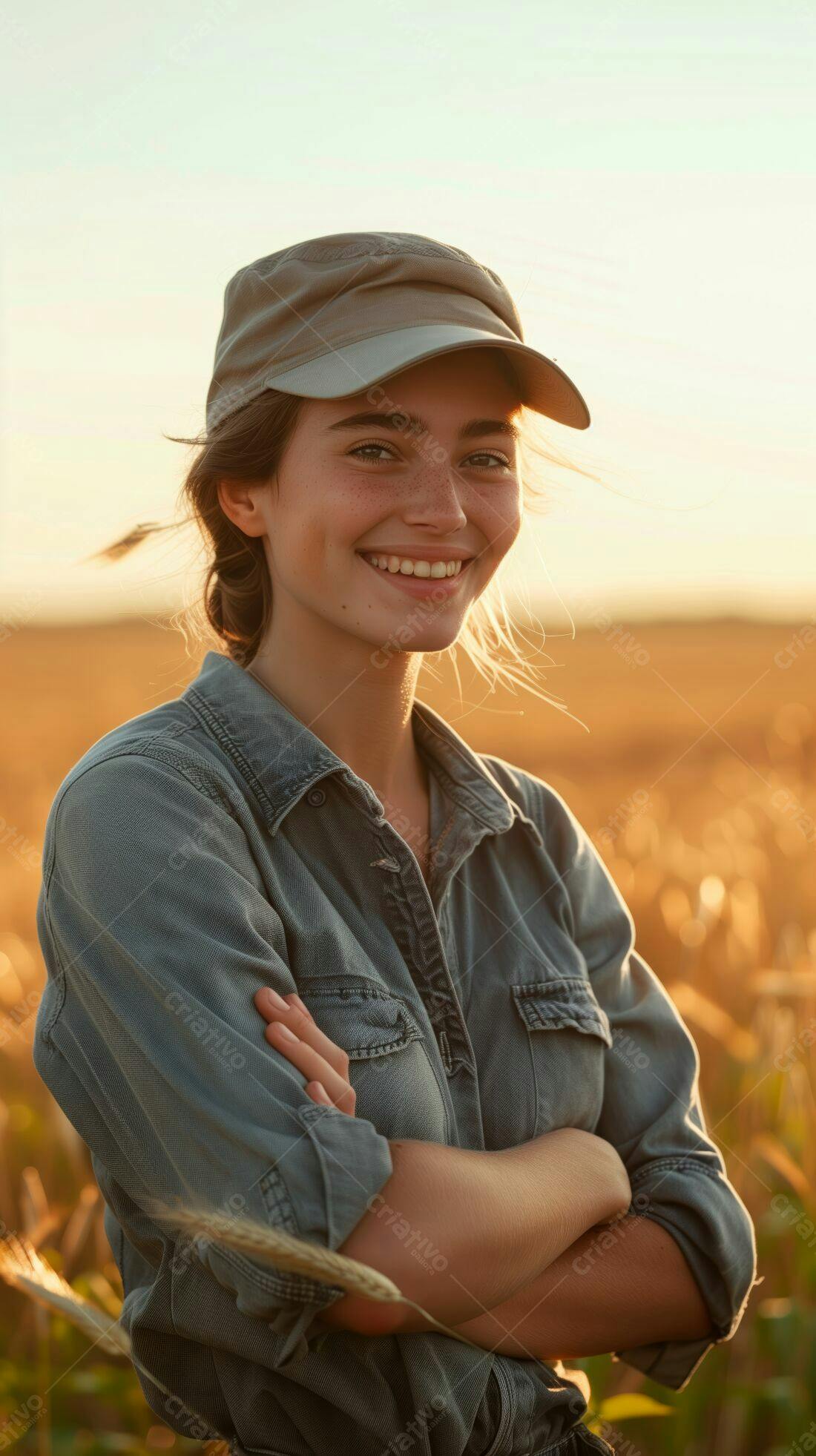 Jovem fazendeira sorrindo no campo ao entardecer