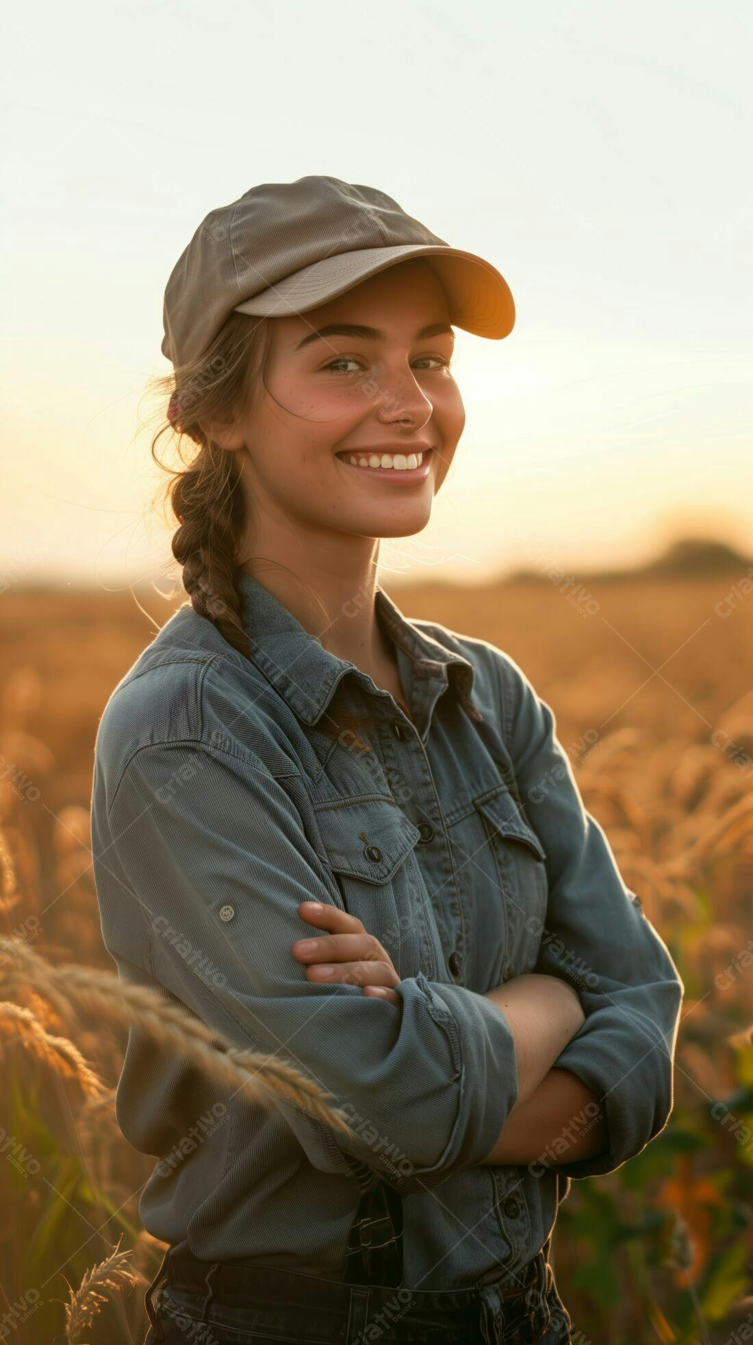 Jovem agricultora sorrindo em campo dourado