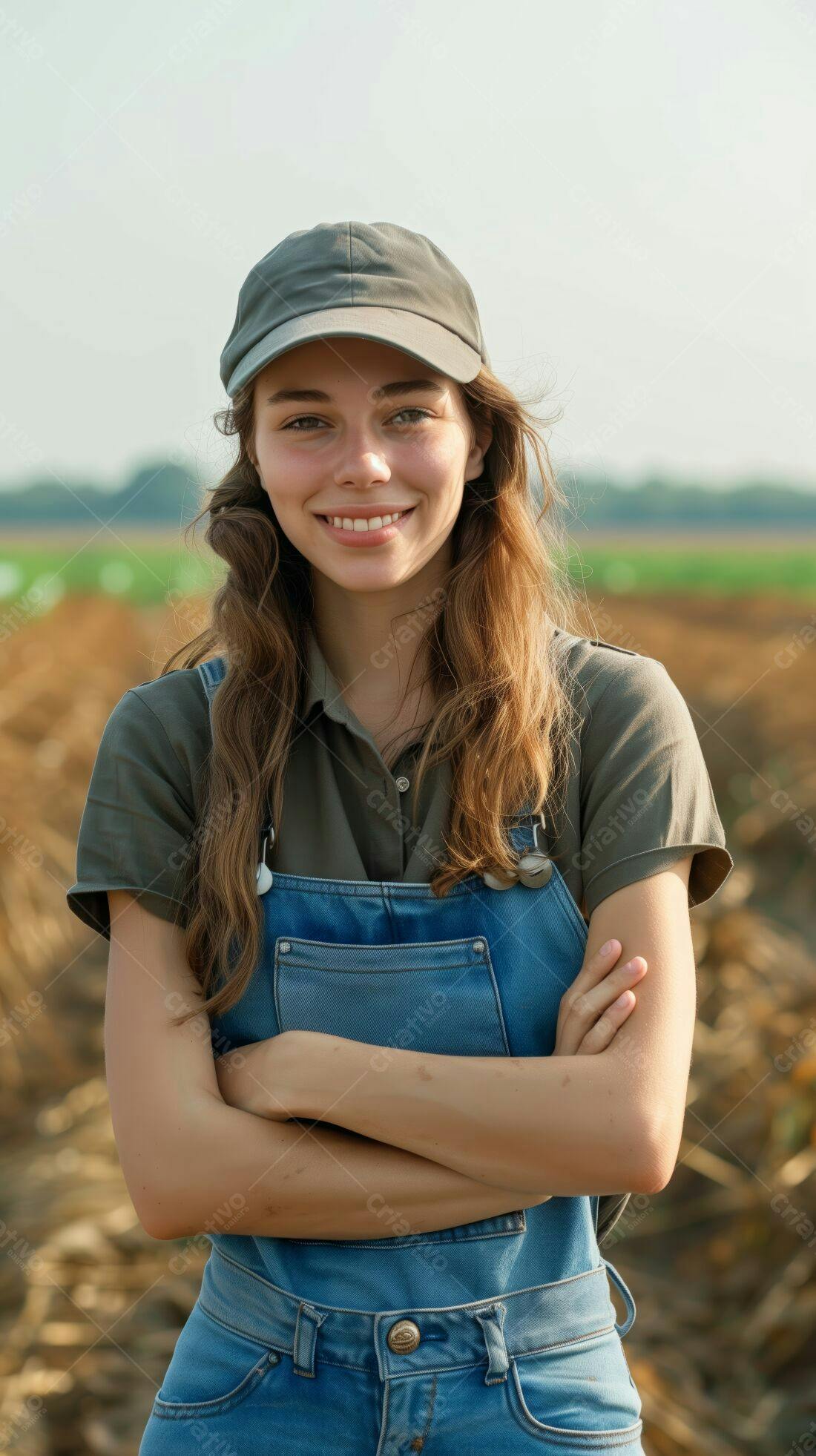 Jovem agricultora sorridente em campo