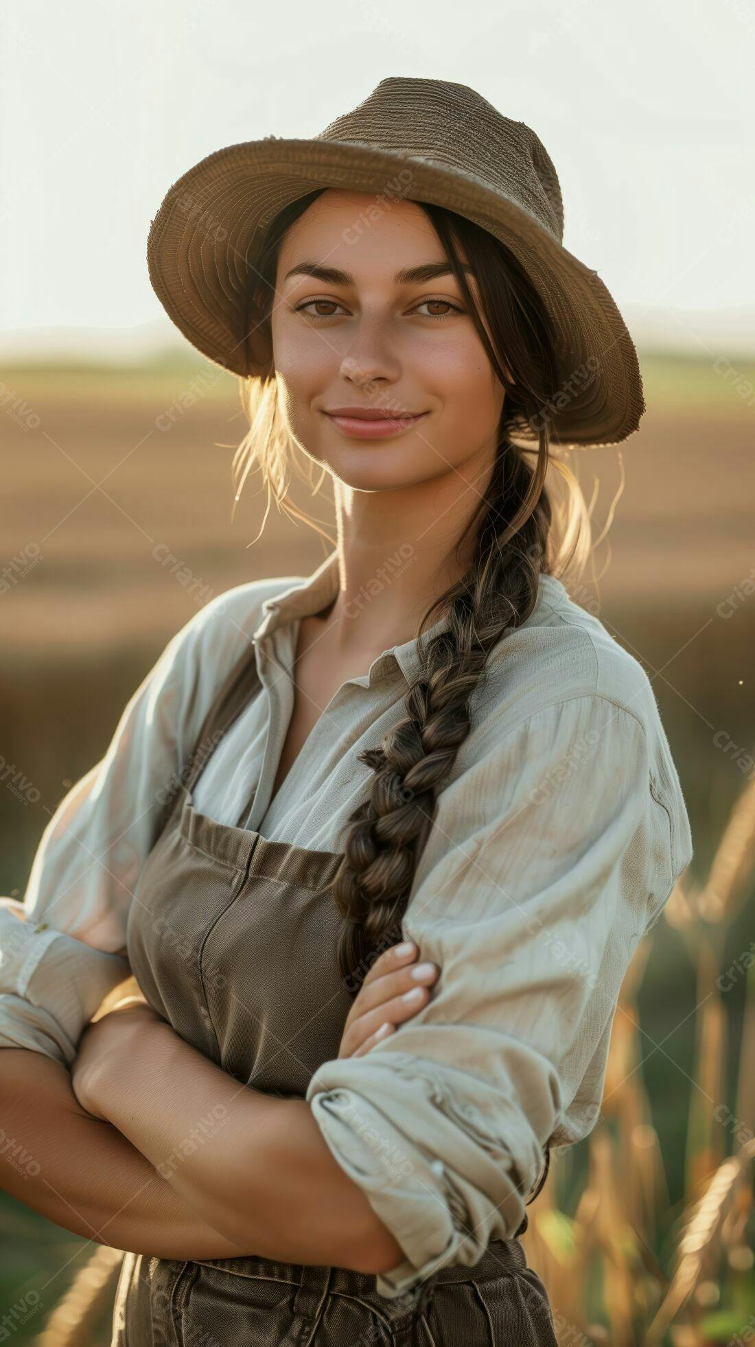 Jovem agricultora confiante em campo de trigo