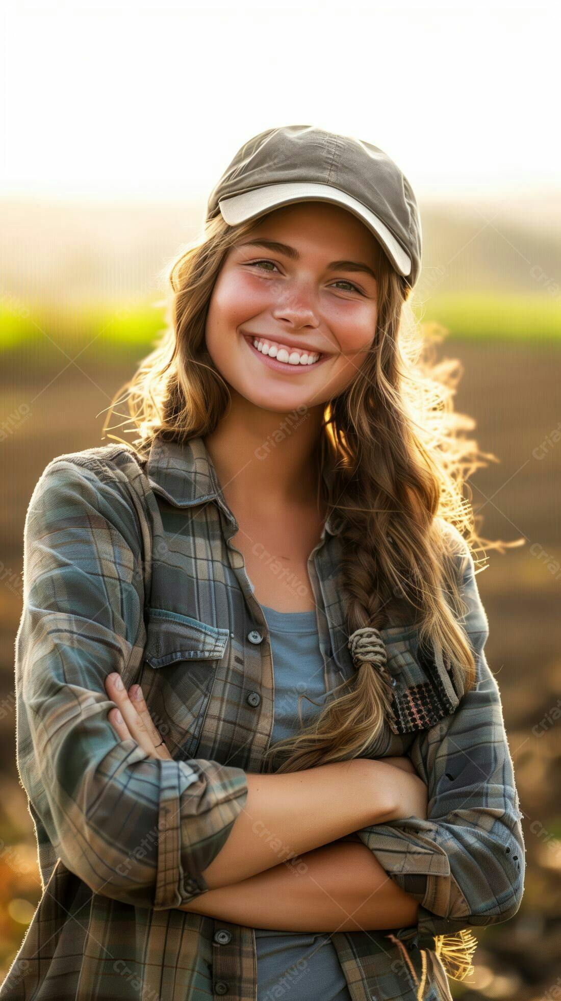 Jovem agricultora sorridente em campo