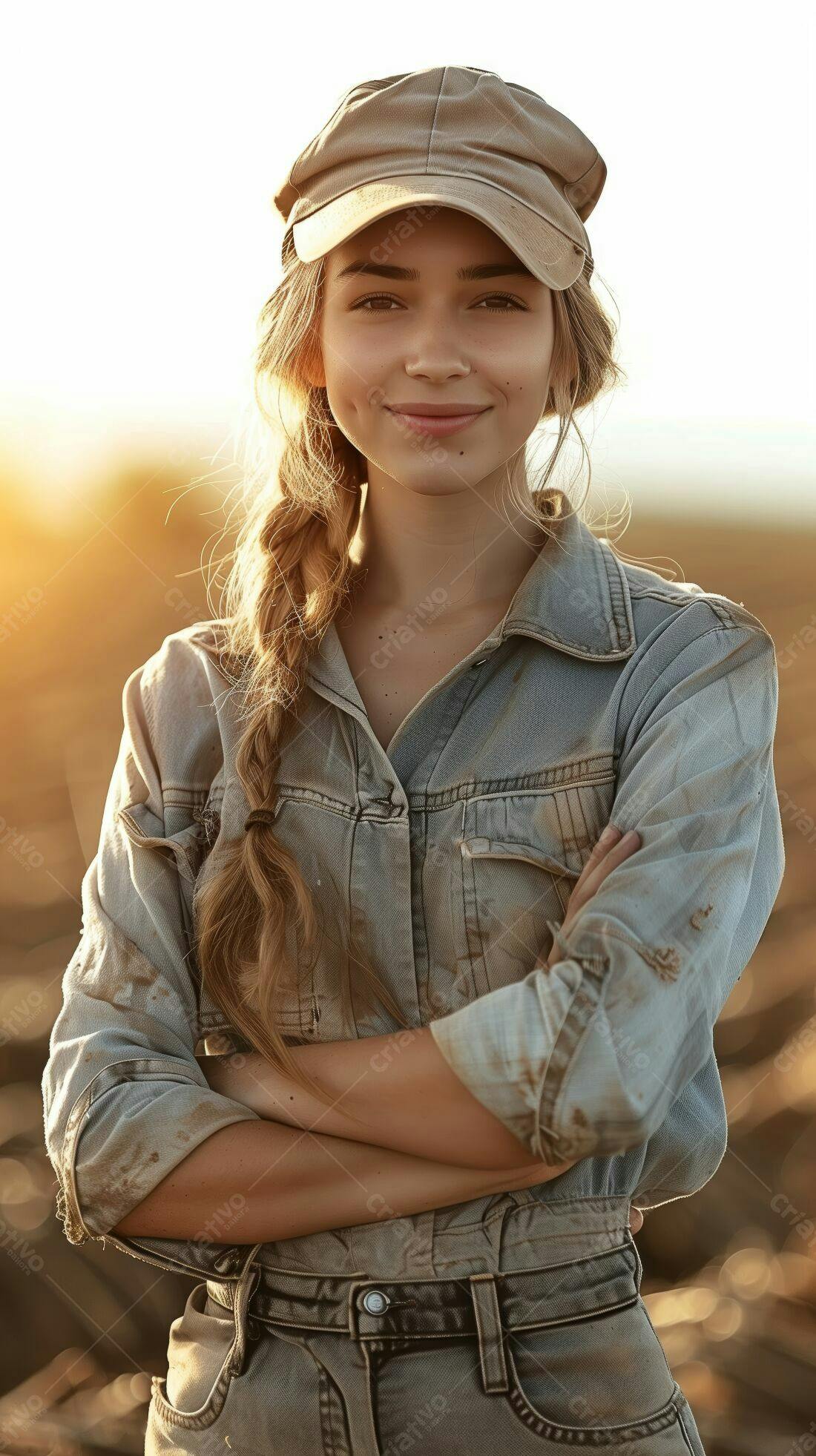 Jovem agricultora sorrindo ao pôr do sol