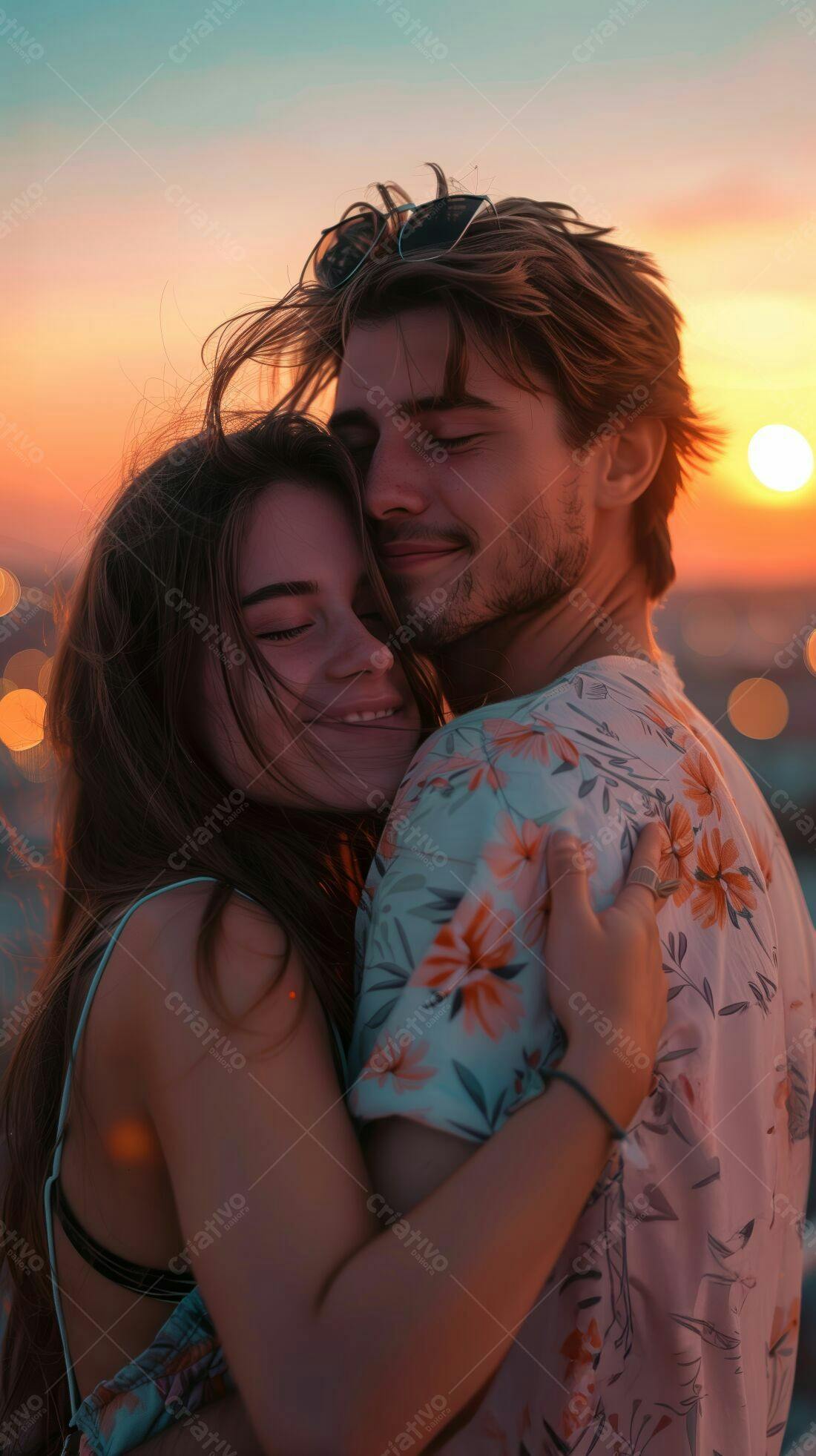 Casal abraçado ao pôr do sol