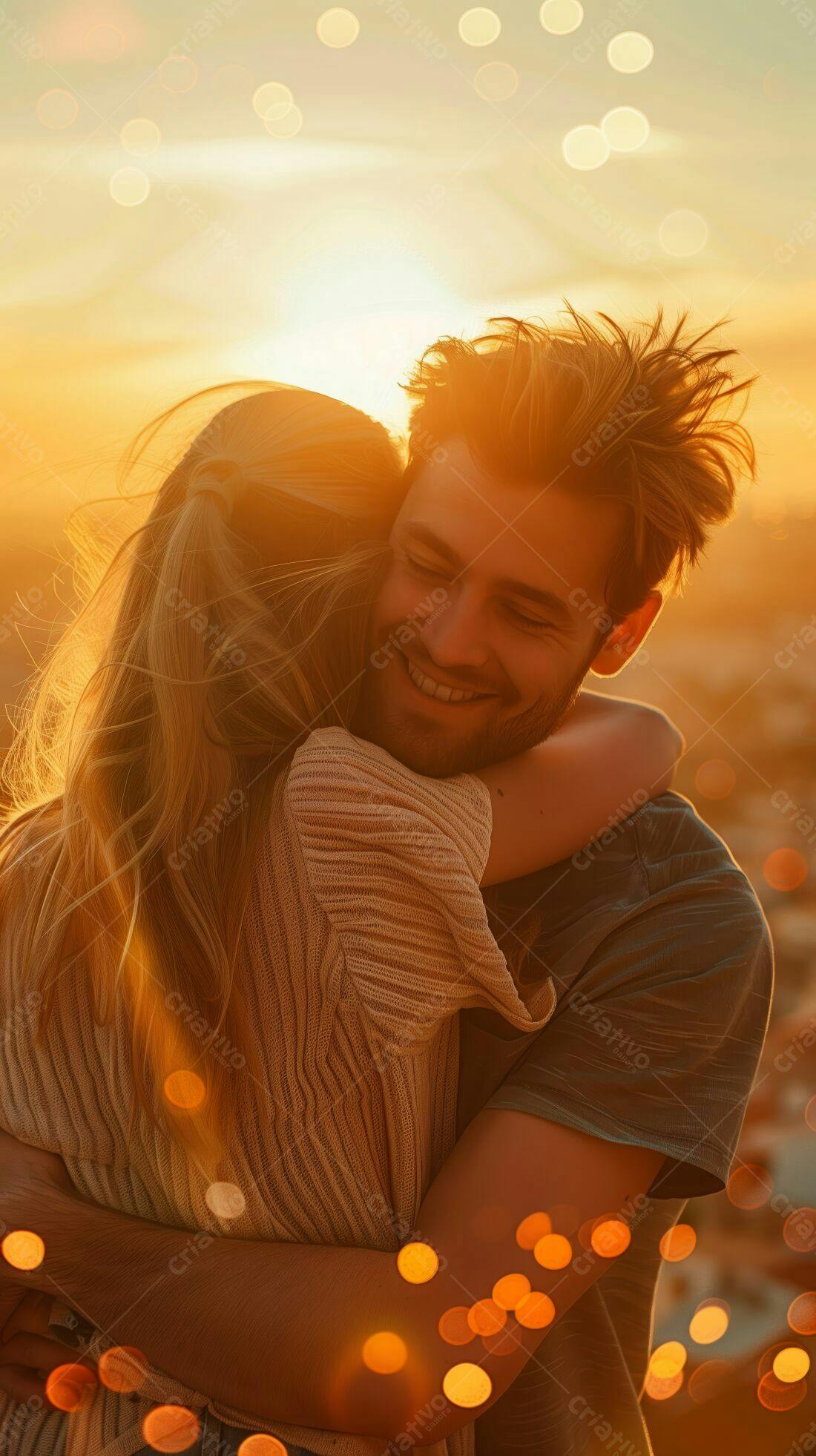 Casal abraçado ao pôr do sol
