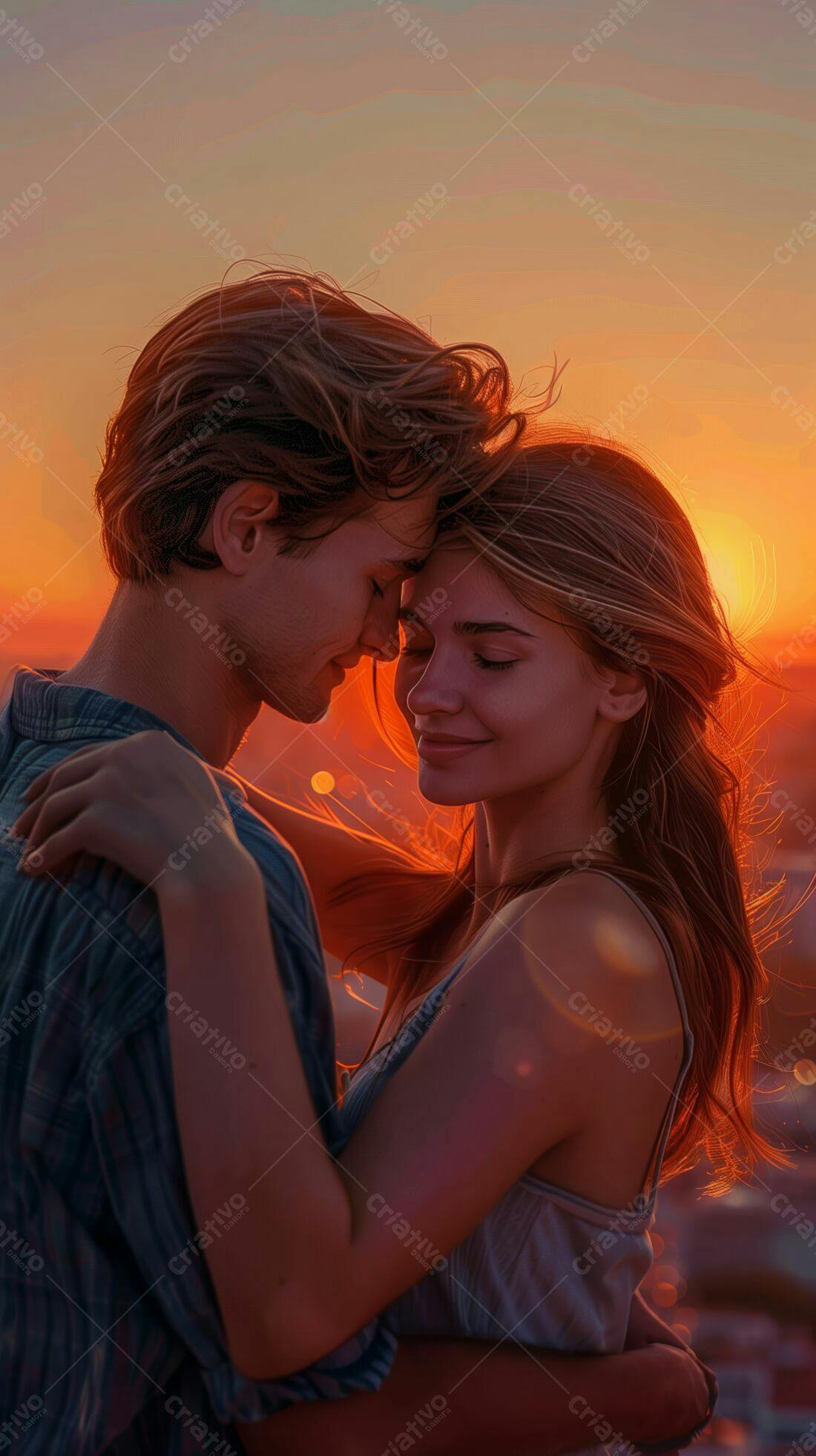 Casal abraçado ao pôr do sol