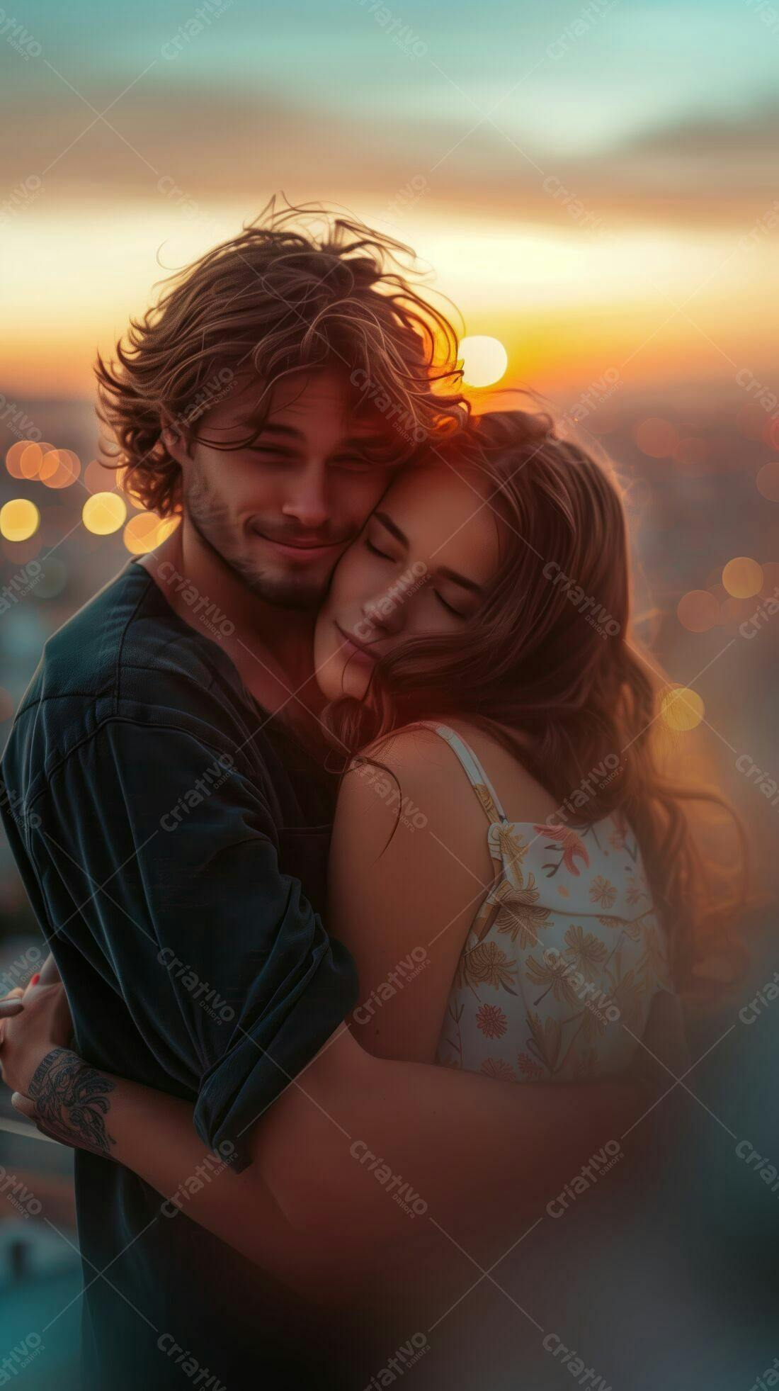 Casal abraçado ao pôr do sol