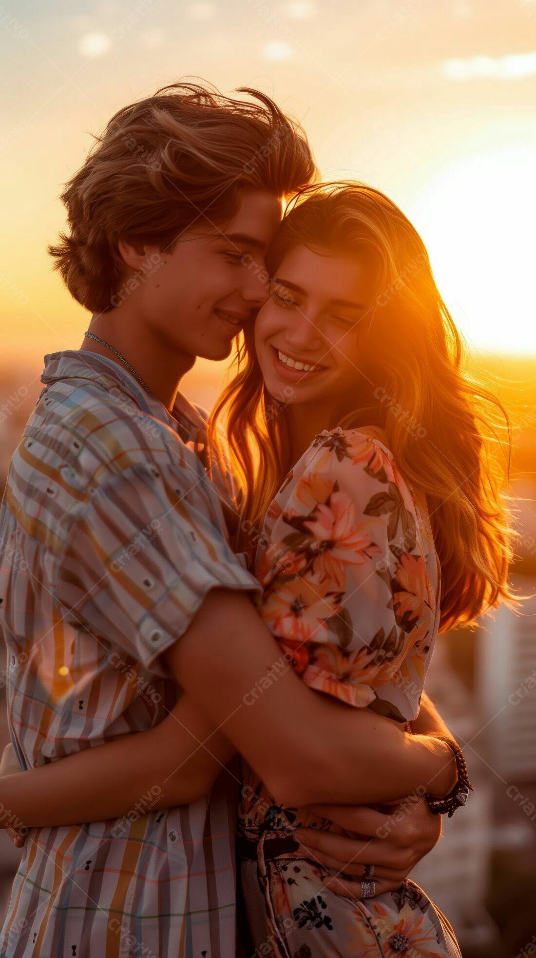 Casal abraçado ao pôr do sol
