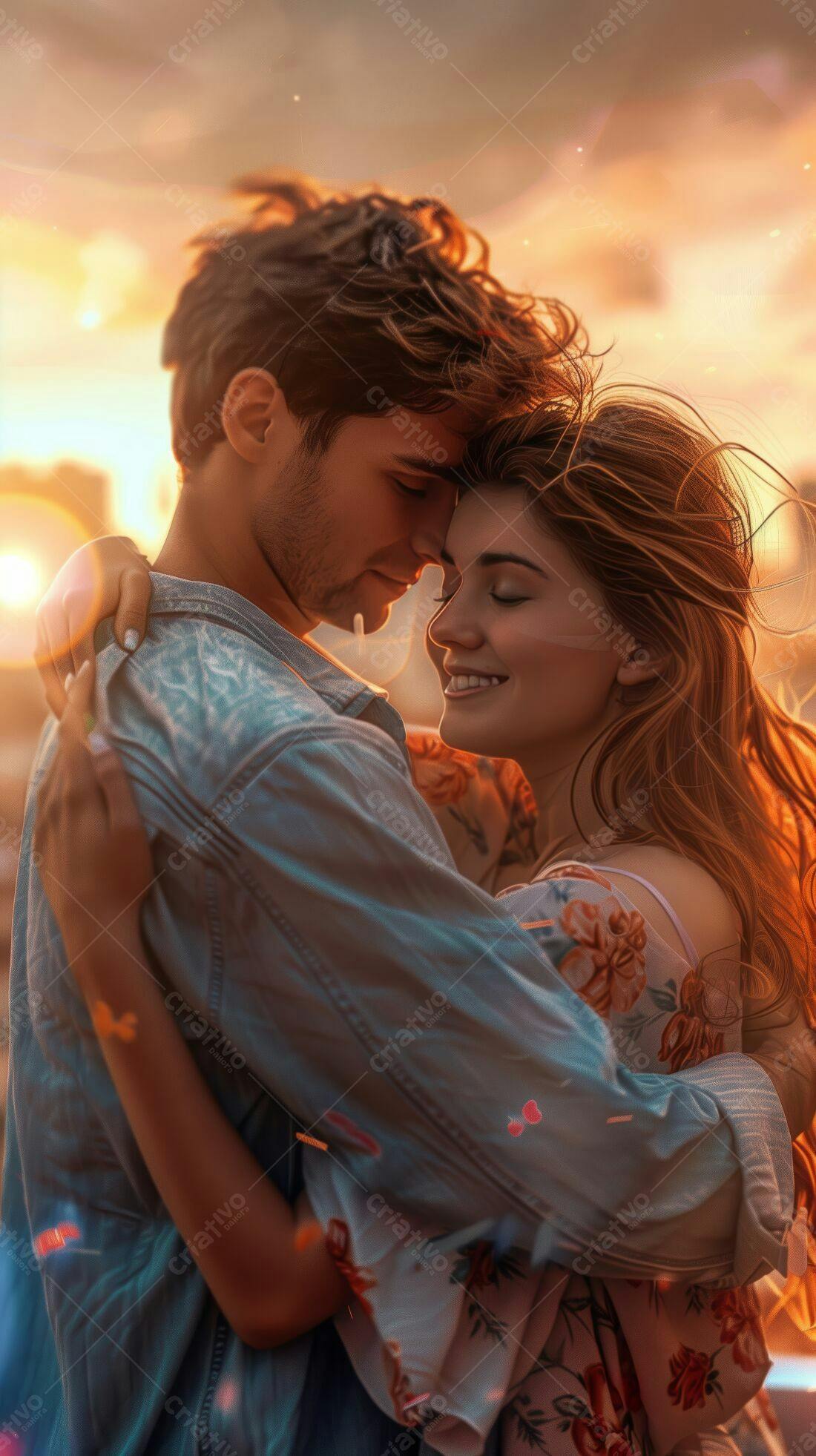 Casal abraçado ao pôr do sol