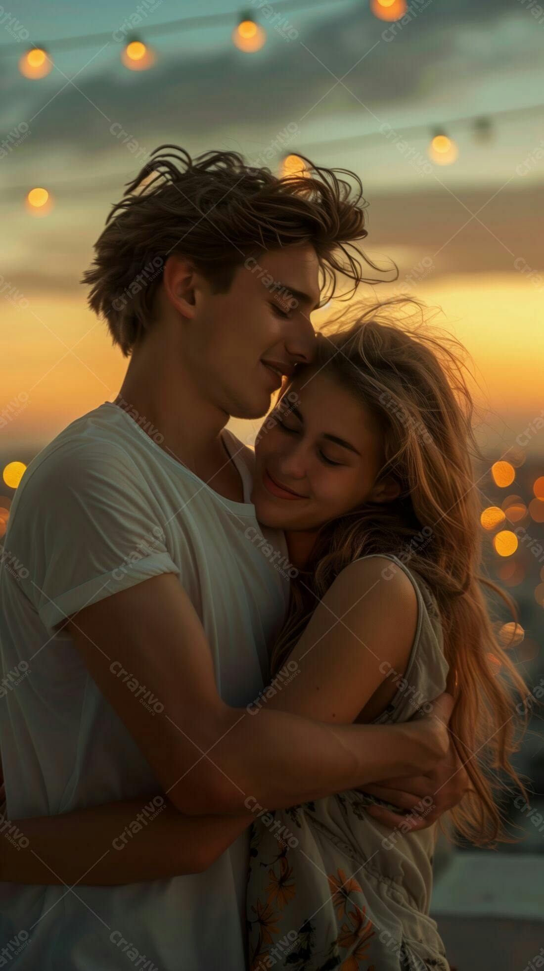 Casal abraçado ao pôr do sol