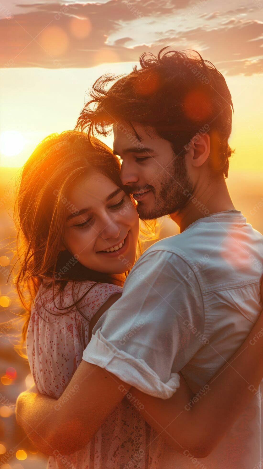 Casal abraçado ao pôr do sol