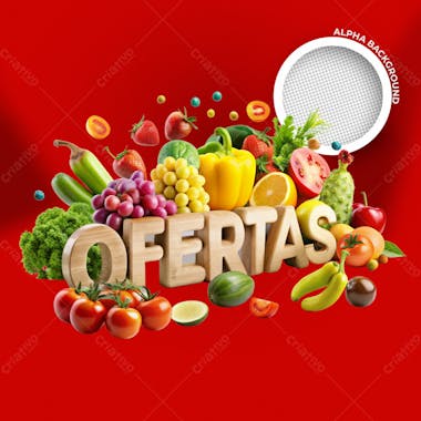 Logotema ofertas com produtos em volta para composição de arte