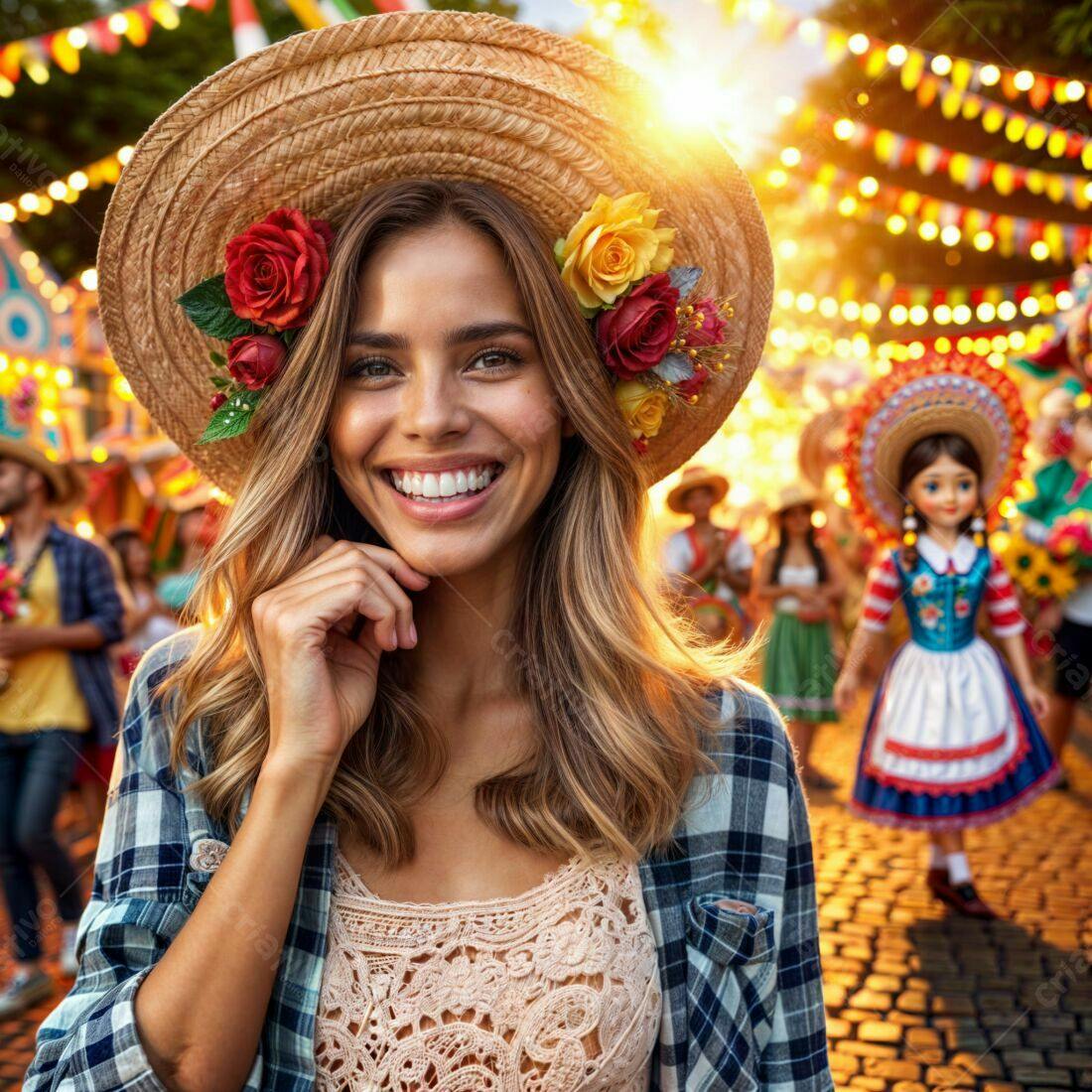 Mulher sorridente em festa junina chapéu de palha