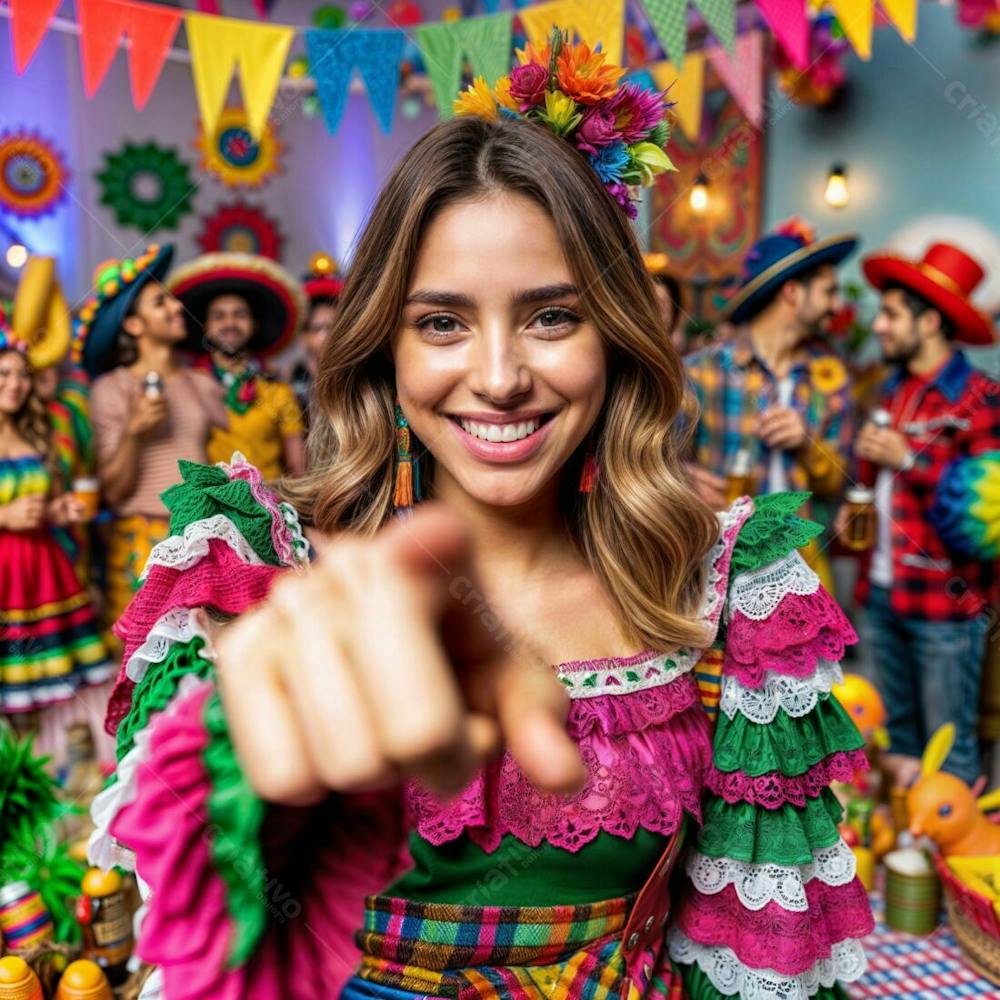 Uma Mulher Com Um Vestido Tradicional Brasileiro De Festa Junina Está Apontando Para A Câmera