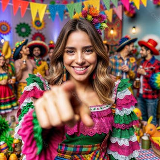 Uma mulher com um vestido tradicional brasileiro de festa junina está apontando para a câmera