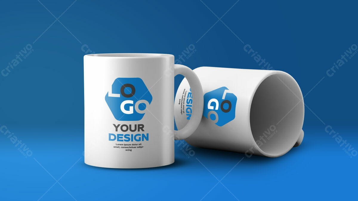 Mockup Caneca Branca com Logo Azul PSD Editável