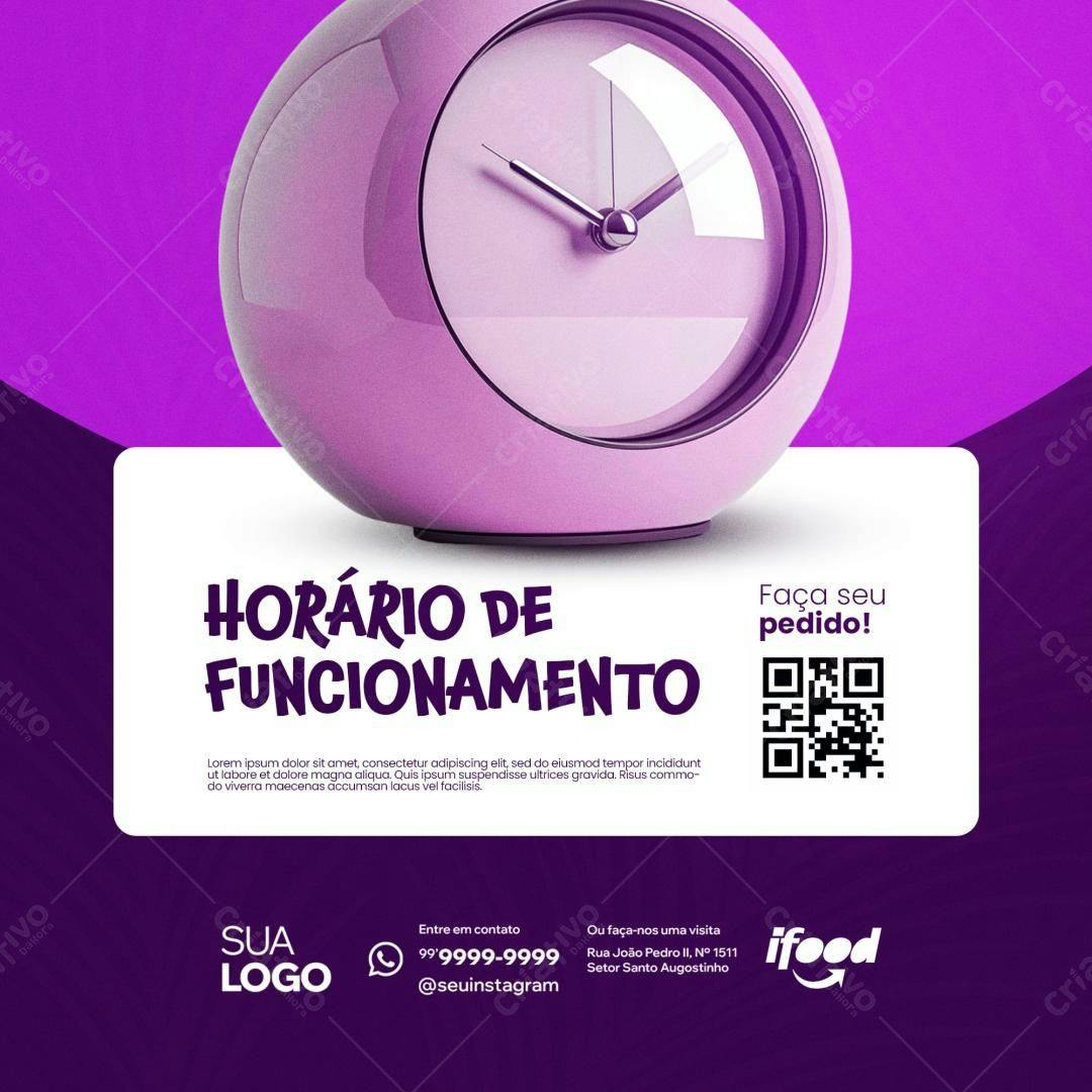 Post para Redes Sociais Horário de Funcionamento PSD Editável