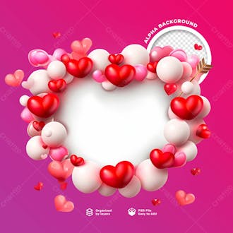 Selo 3d de corações para composição dia dos namorados