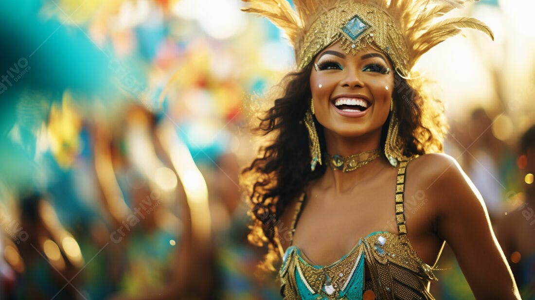 Bailarina de Carnaval sorrindo em desfile