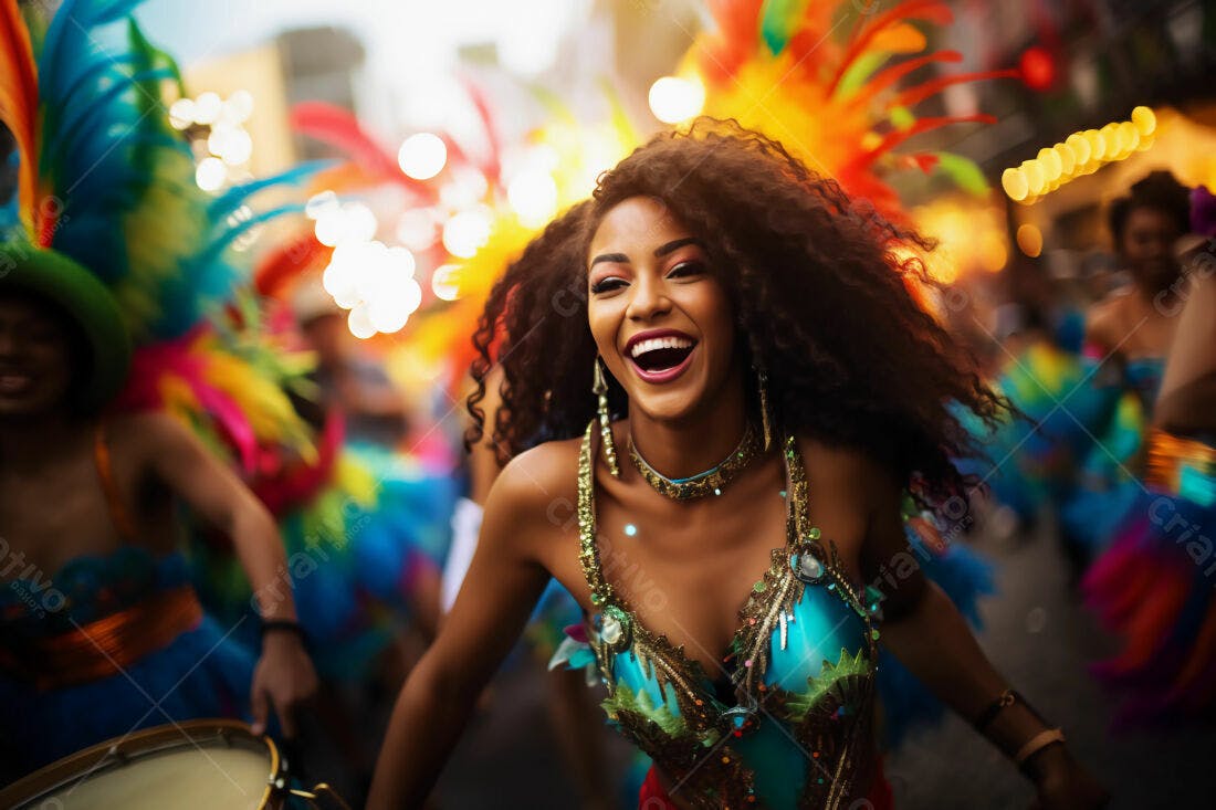 Mulher negra alegre em desfile de carnaval