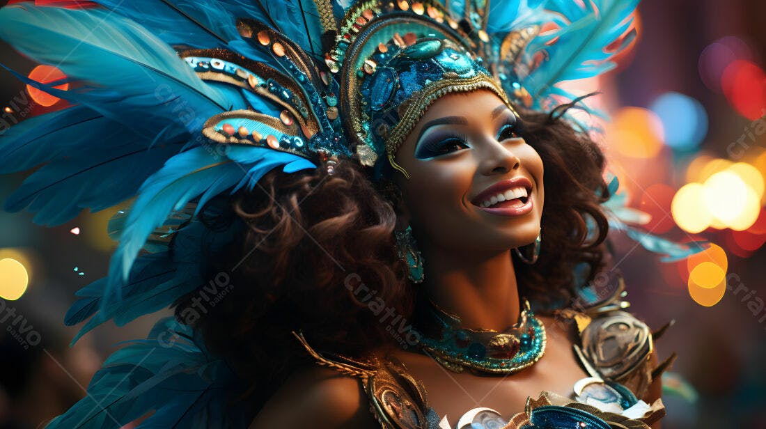 Modelo negra radiante em fantasia azul Carnaval