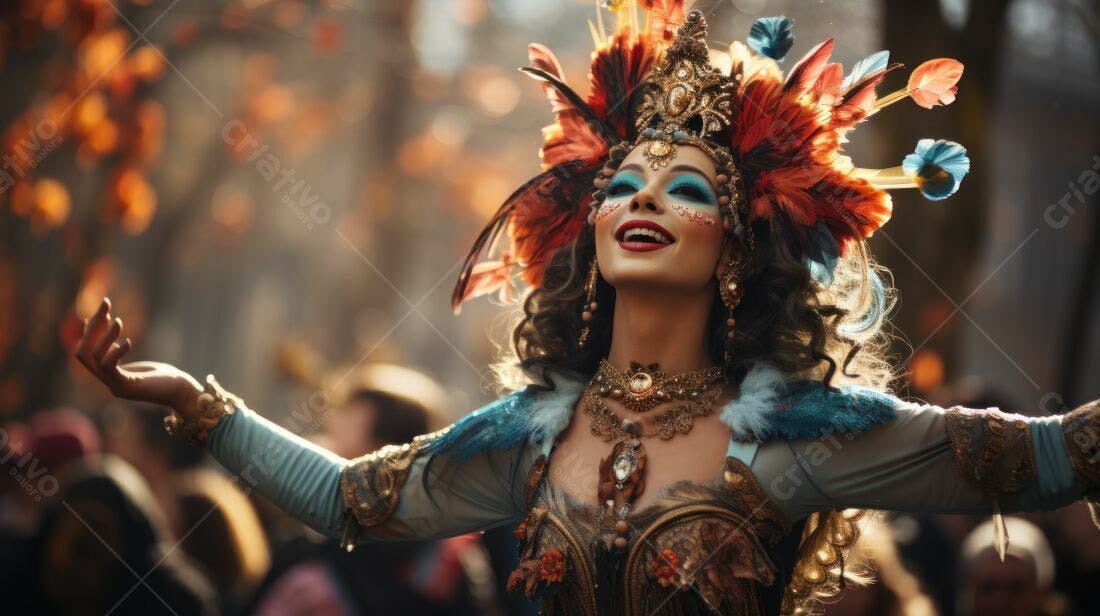 Mulher em fantasia vibrante em evento ao ar livre