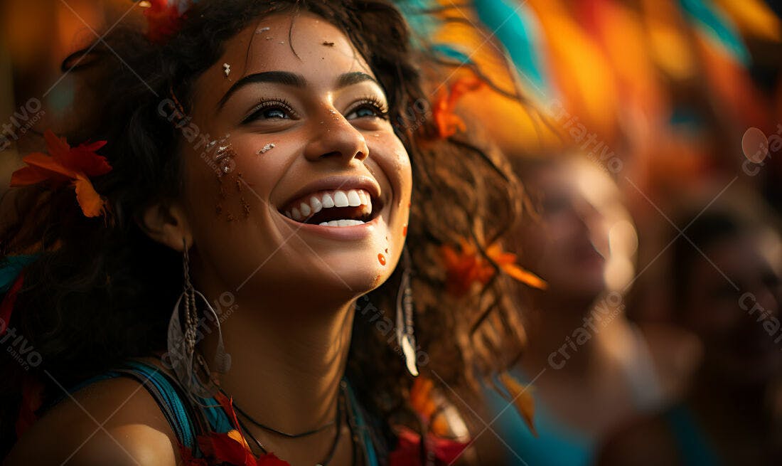Mulher rindo em festival com penas e brilho