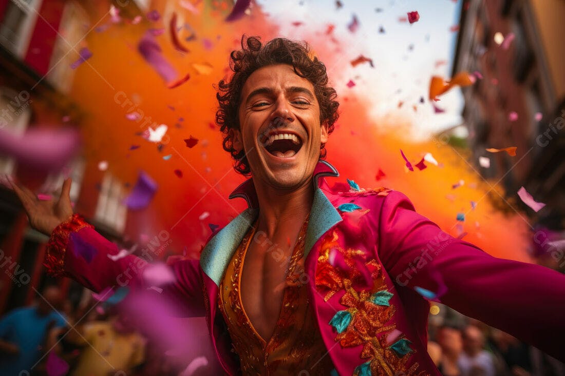 Artista em show com confetes e fumaça laranja
