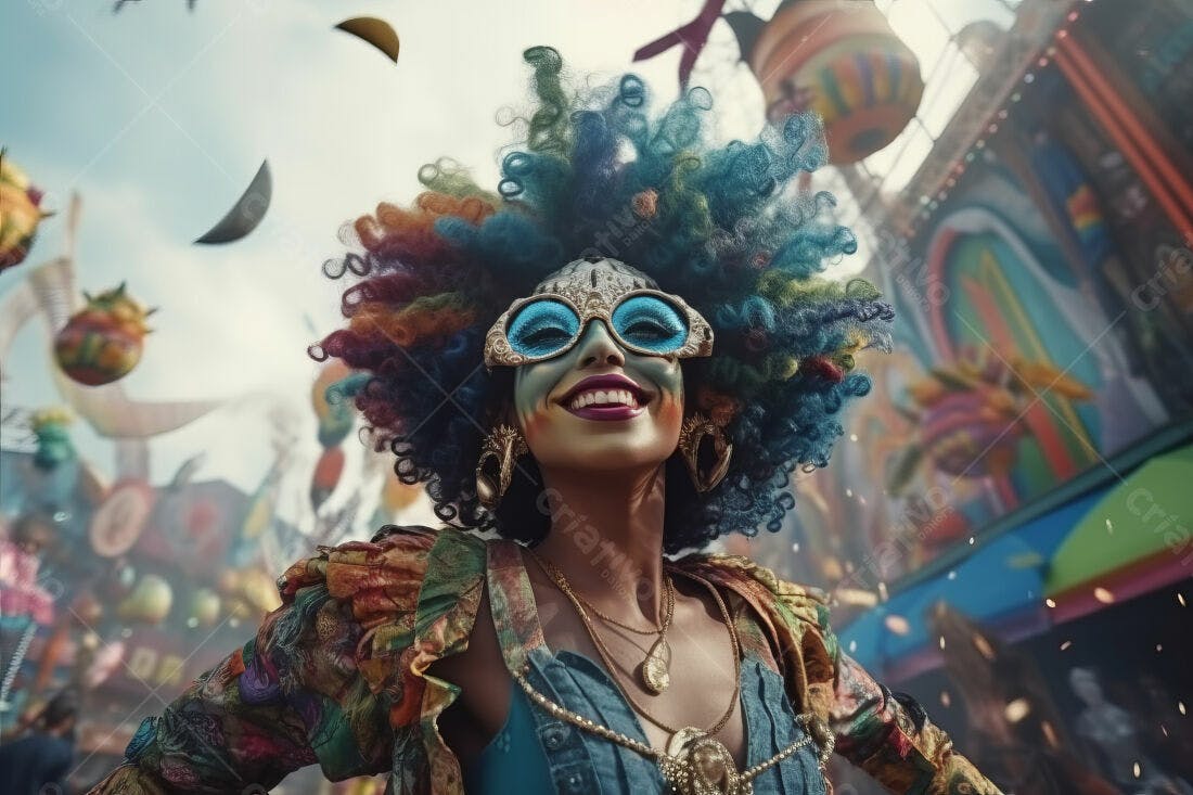 Mulher alegre em carnaval com peruca colorida