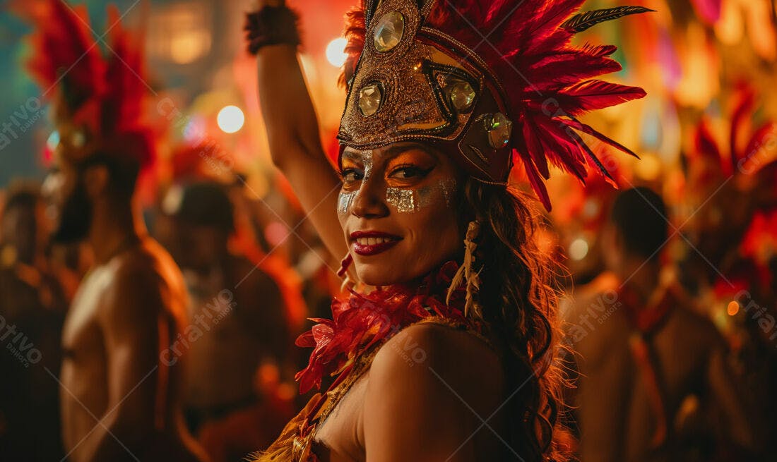 Passista de Carnaval em traje vermelho e dourado
