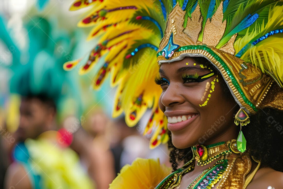 Mulher negra sorridente em traje de carnaval
