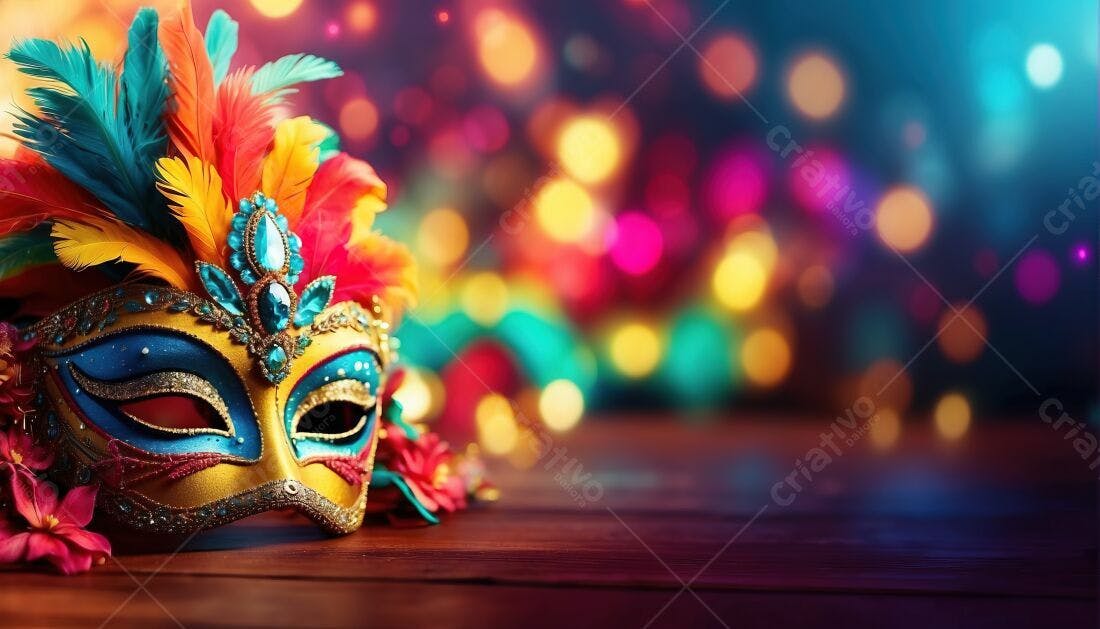 Máscara de Carnaval colorida com penas