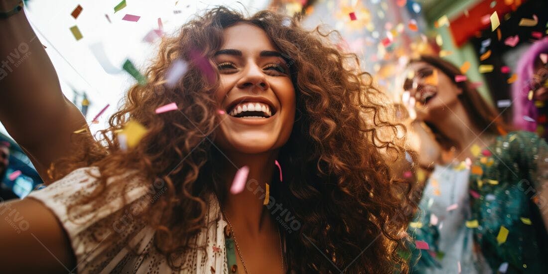 Mulher feliz em festa com confetes coloridos