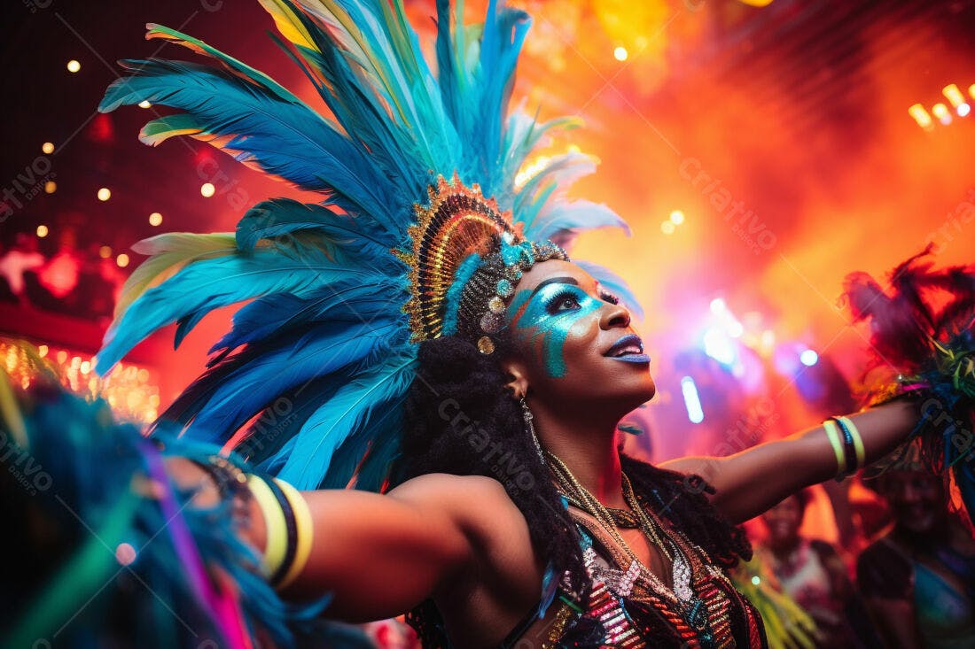 Bailarina com fantasia de penas azuis em festa