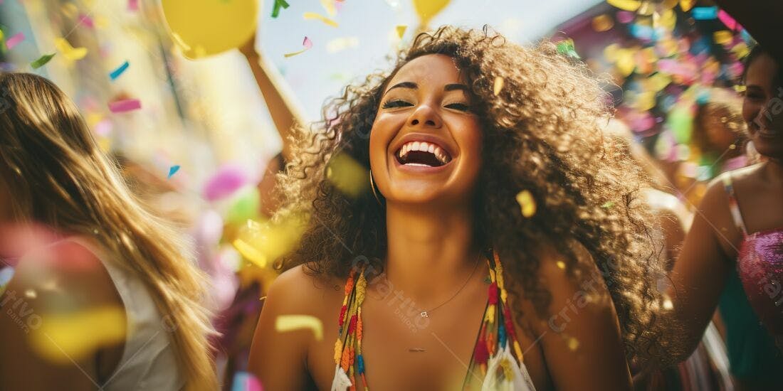 Mulher rindo em festa com confetes coloridos