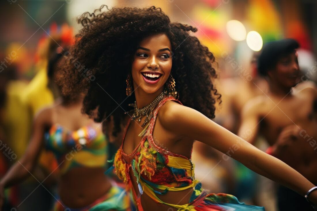 Mulher negra sorrindo em desfile de carnaval