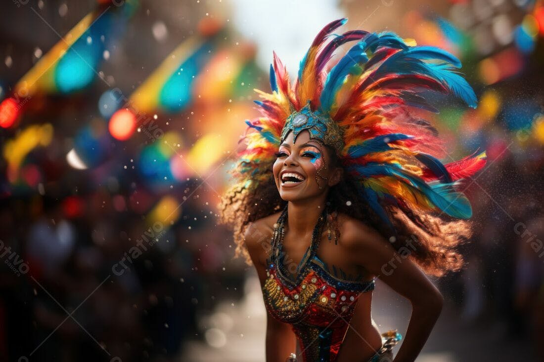 Mulher negra alegre em desfile de carnaval