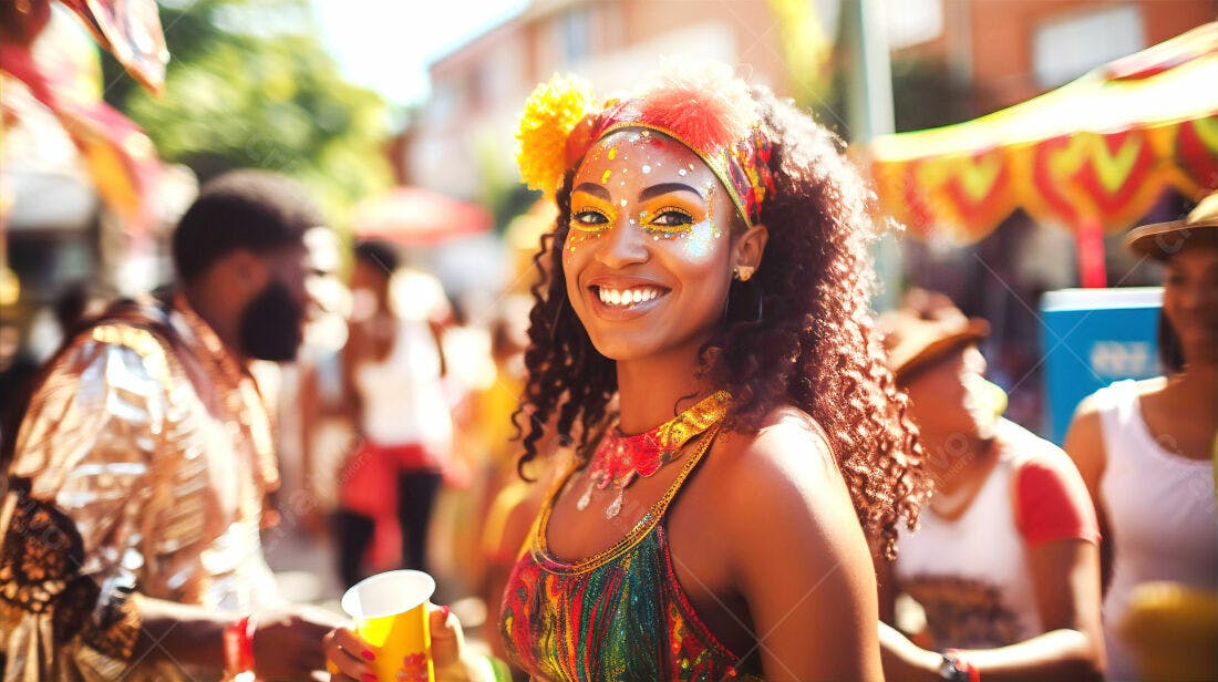 Mulher negra sorridente em carnaval