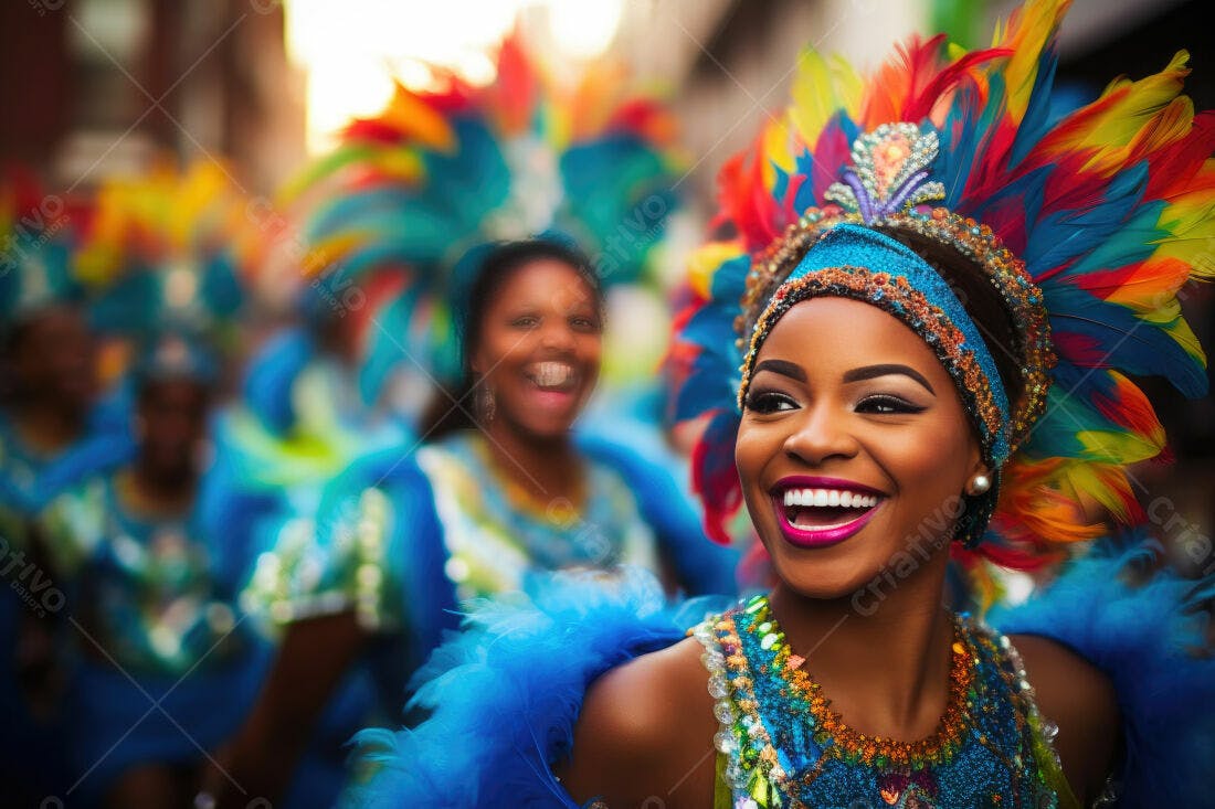 Bailarina negra sorridente em desfile de Carnaval