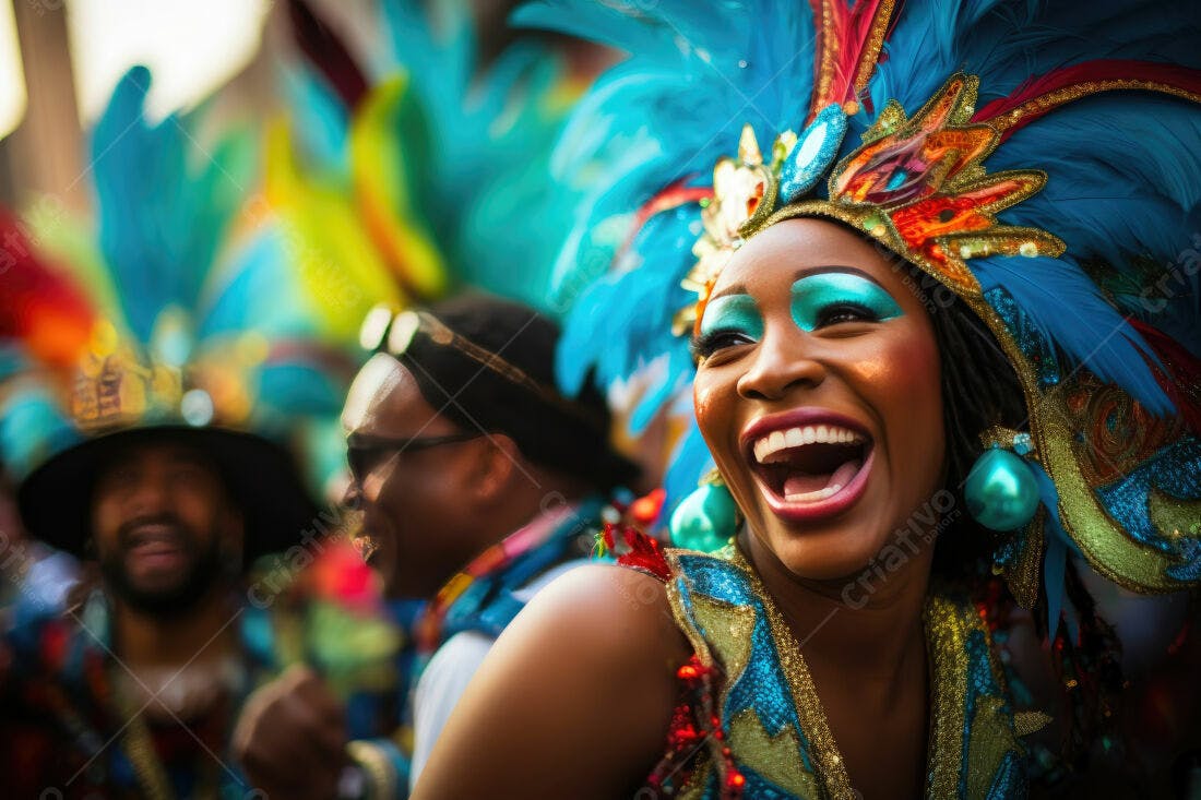 Mulher negra radiante em desfile de carnaval