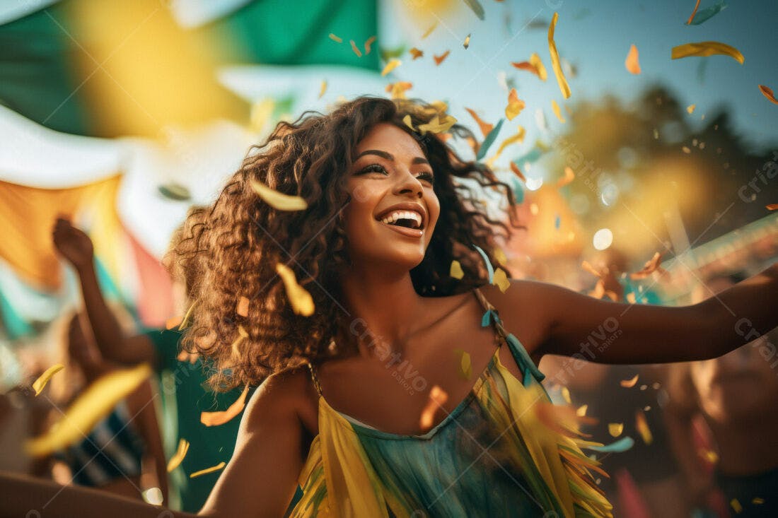 Mulher negra feliz em festival com confetes