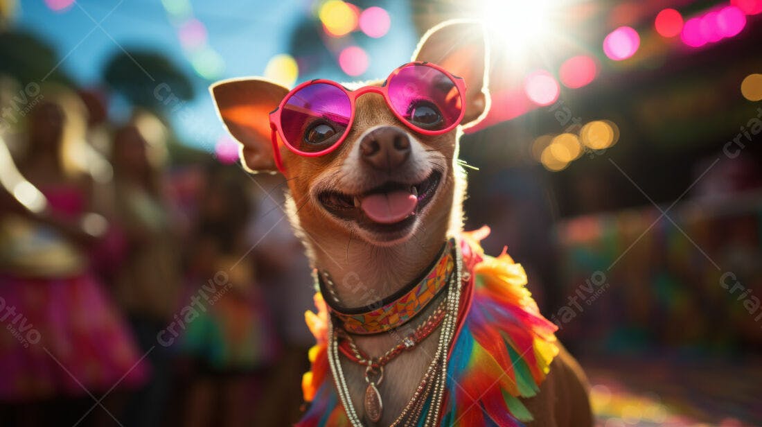 Chihuahua com óculos em festa colorida