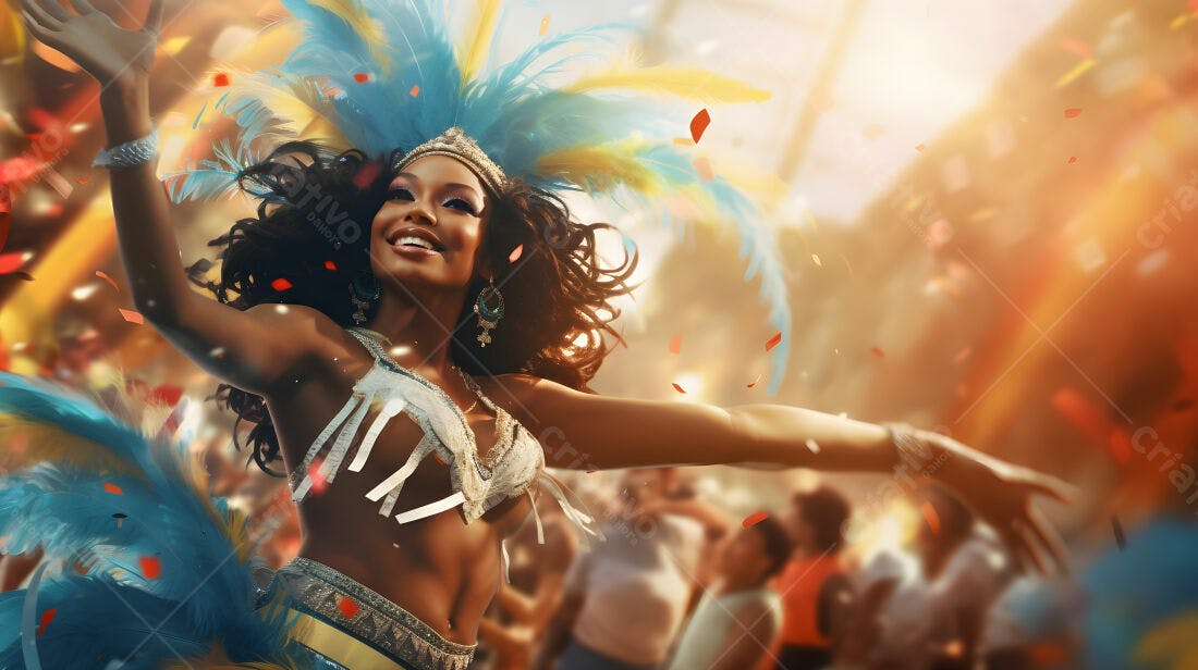 Bailarina de Carnaval com penas azuis e amarelas