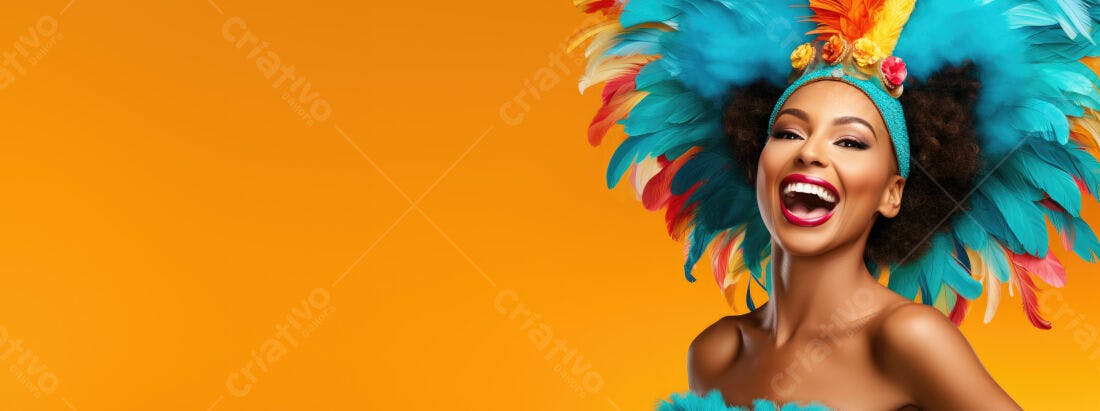 Mulher negra alegre com fantasia de penas coloridas