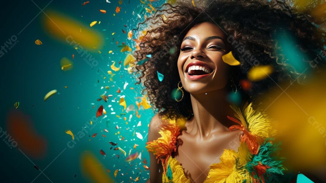Mulher negra alegre em meio a confetes coloridos