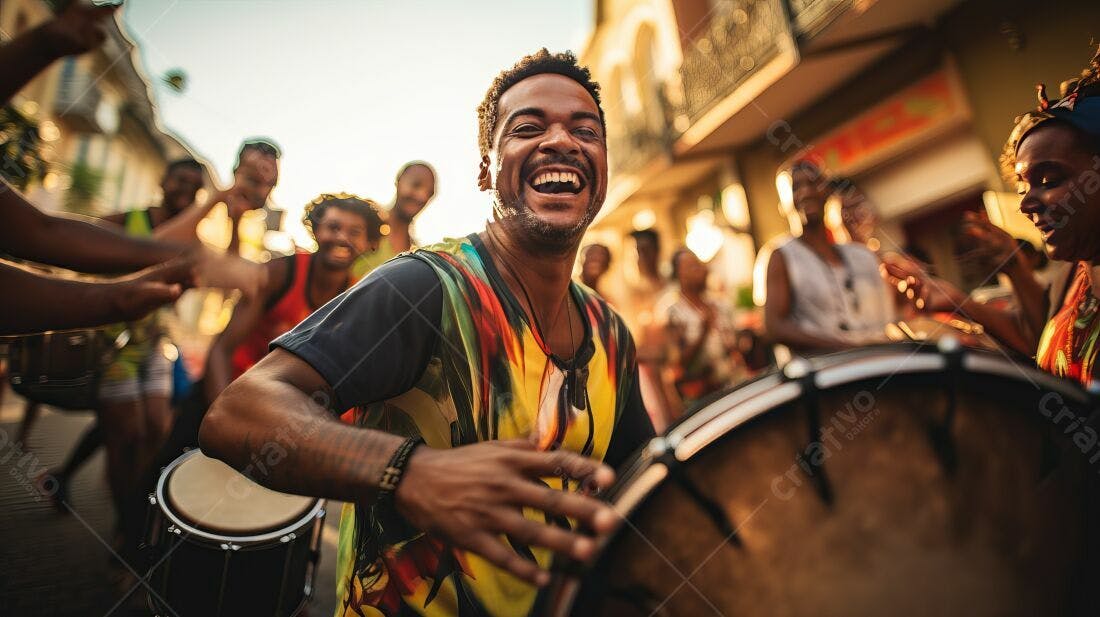 Músico tocando tambor em bloco de carnaval