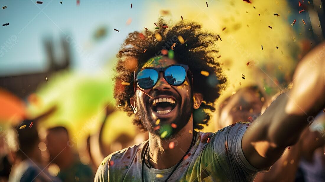 Homem feliz em festival de cores
