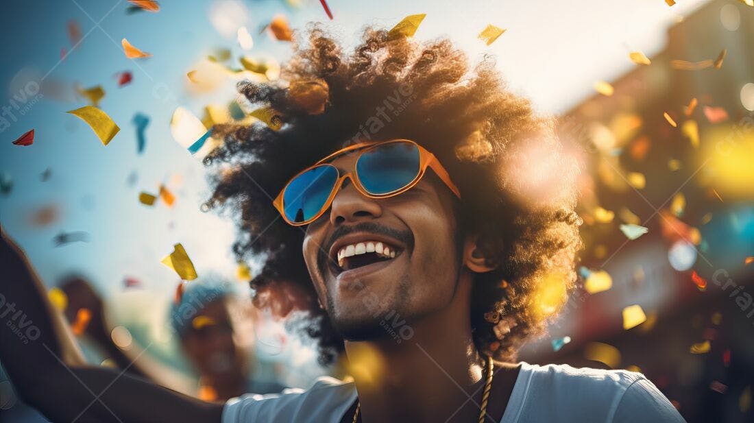 Homem negro feliz em festival com confetes