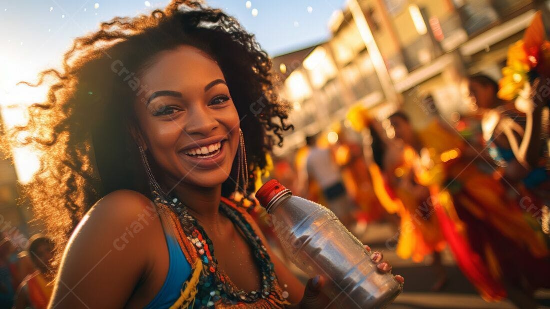 Mulher negra feliz em desfile de carnaval